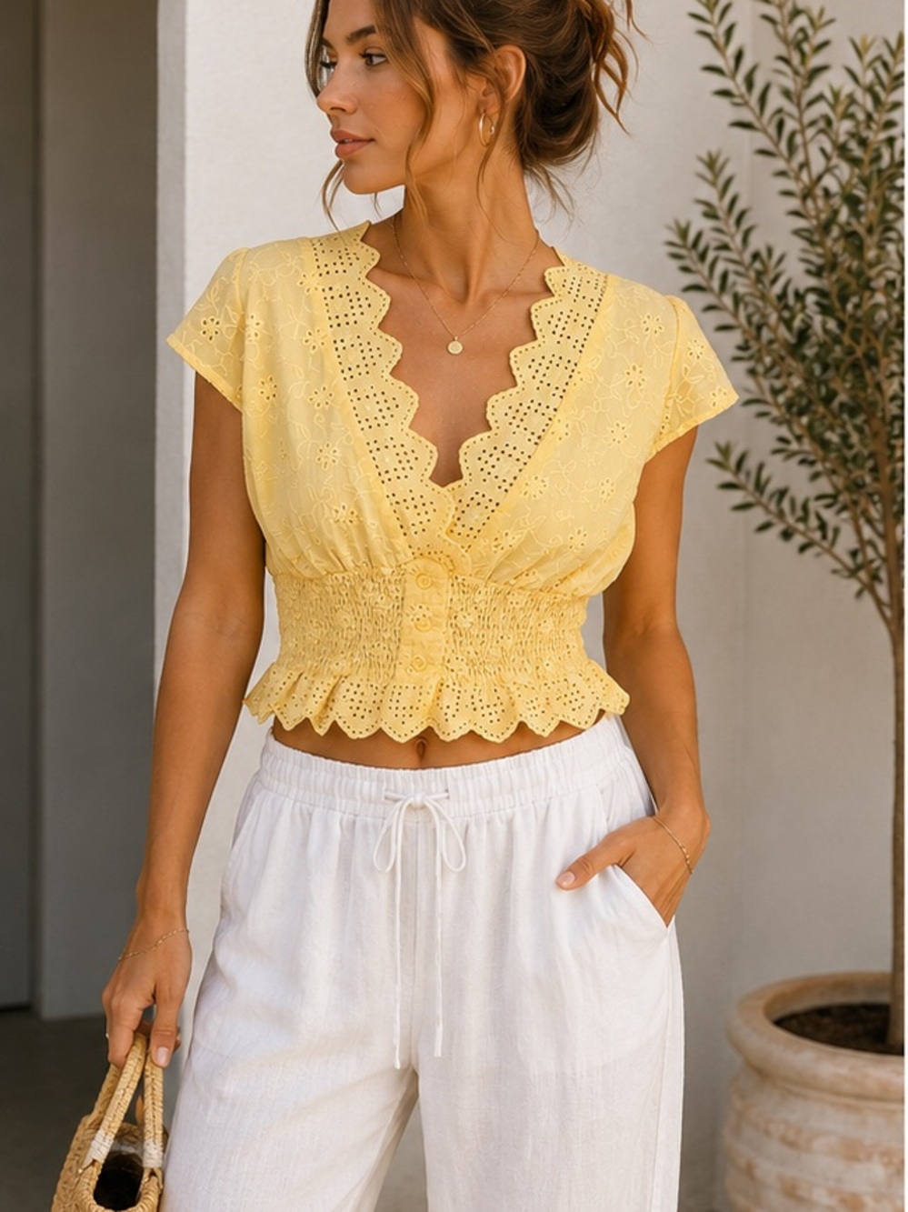 Rose & Grey Yellow Eyelet Lace Peplum Top – Cottagecore Boho L